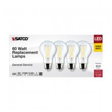 Satco Products Inc. S12462 - 8 Watt A19 LED; Clear; 2700K; Medium Base; 120 Volt; 4-Pack