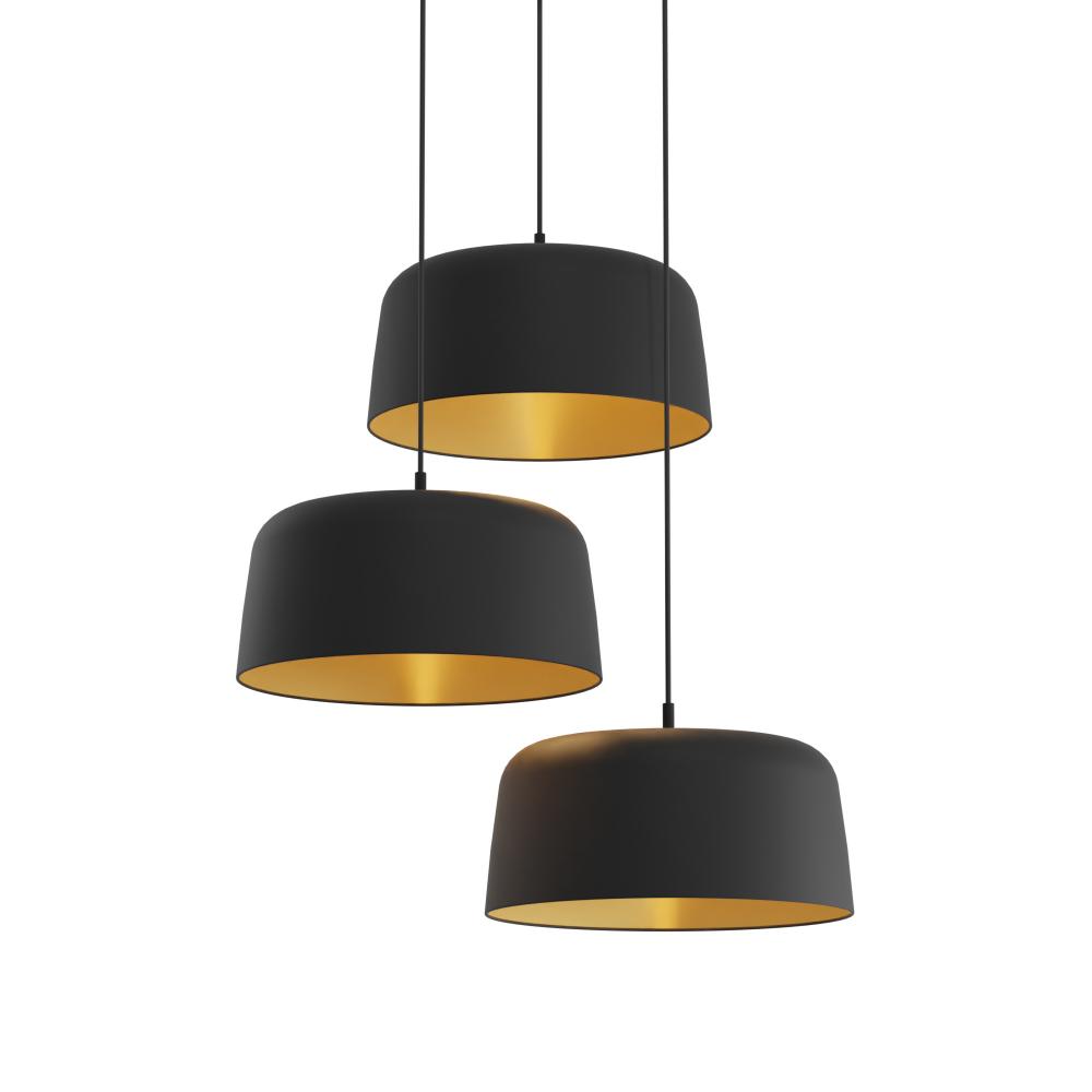 Yurei Circular 3 Pendant Lamp (Matte Black) with 14" Matel Shade, Matte Black w/ Gold Interior